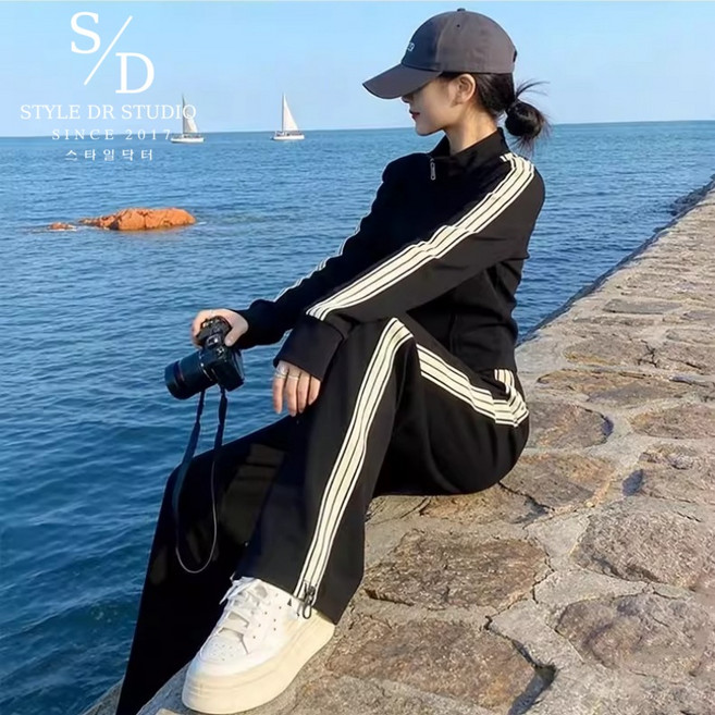 스타일닥터 패션 화이트스트라이프 운동복 투피스 봄 가을 데일 롱 여성 트레이닝복세트 여성용 빅사이즈 캐주얼 운동복 블랙 오버핏 츄리닝세트