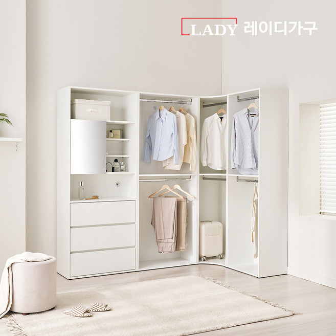 레이디가구 이안 드레스룸 300cm 코너형 세트 (우형) (60cm 2단 행거형 + 80cm 2단 행거형 + 80cm 2단 코너형 + 80cm 파우더형), 내추럴