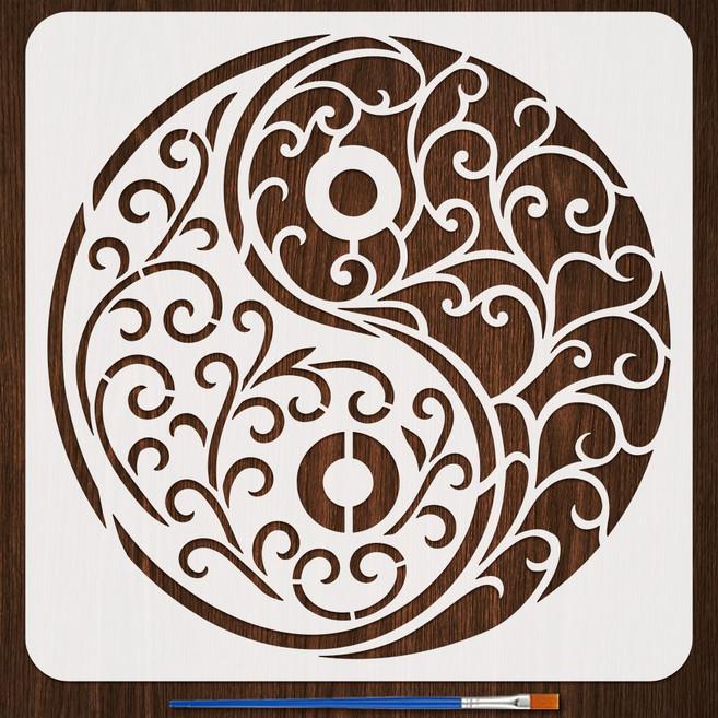 PET 모던 오리엔탈 페인팅 스텐실 동양 테마 벽화 패턴 세련된 인테리어 데코 DIY, 음양 392, 1개