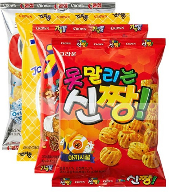 번들 봉지 과자 4개 묶음 세트 콘칩 죠리퐁 카라멜콘땅콩 신짱 스낵 혼합 믹스, 1개, 213g