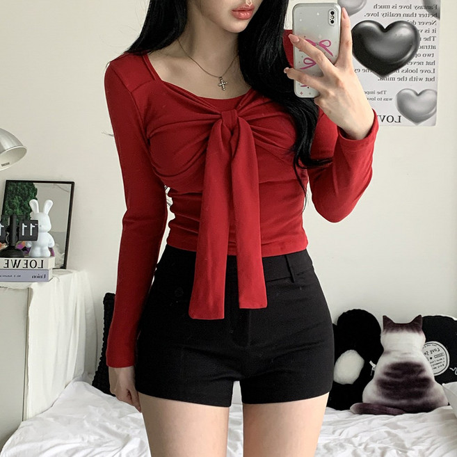 [페미닌/2col] 틴더 슬림핏 스퀘어넥 꼬임 리본 기모 긴팔 티셔츠