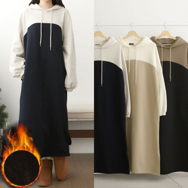 임산부 기모 루즈배색 후드원피스