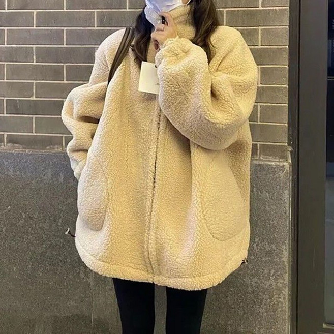 ORZQU 봄 여성 램스울 코트 빅사이즈 루즈핏 캐주얼 집업 뽀글이 재킷