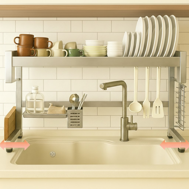 리빙체인지 304 프리미엄 식기건조대 확장형 길이 조절 무타공, 1단 올인원 모듈