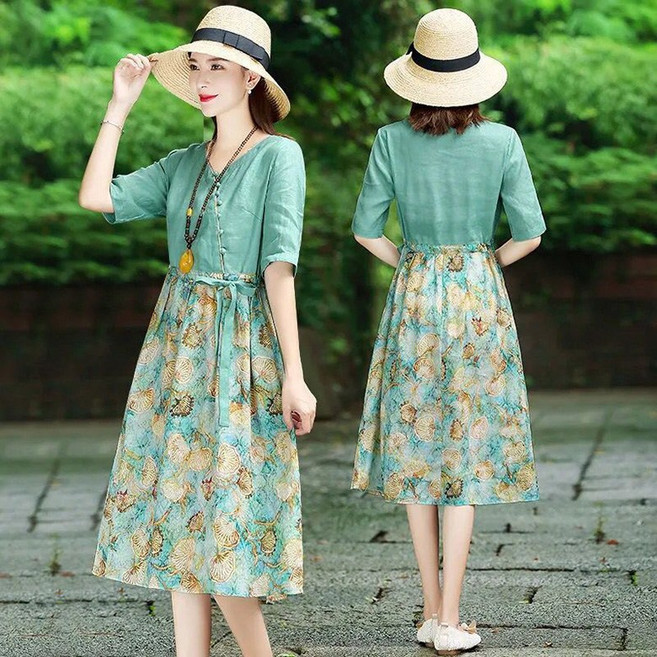여성 여름 브이넥 면마 프린팅 생활한복원피스 빅사이즈루즈핏군살커버 캐주얼원피스빅사이즈원피스