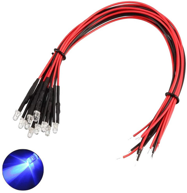 5V 3파이 블루 라운드 와이어 케이블 LED DIY 전자 실험 학교 교육 제작 실습 부품 조명 과학, 10개