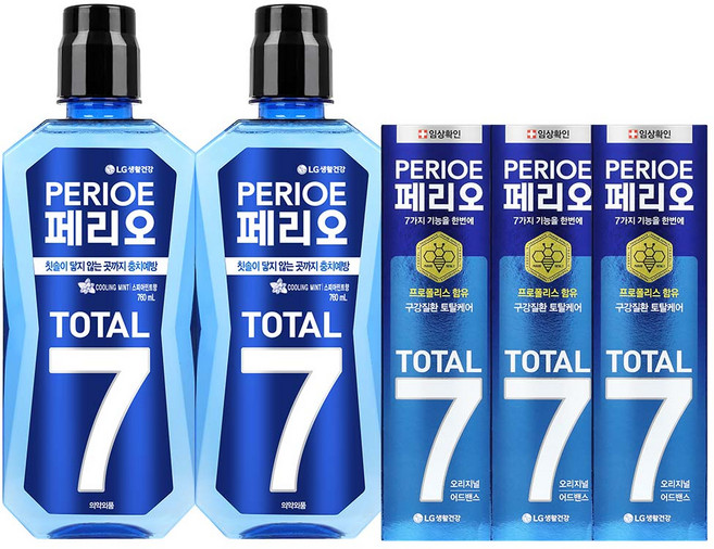 페리오 토탈7 가글 쿨링 760ml*2개 + 오리지널 치약 120G*3개, 1개