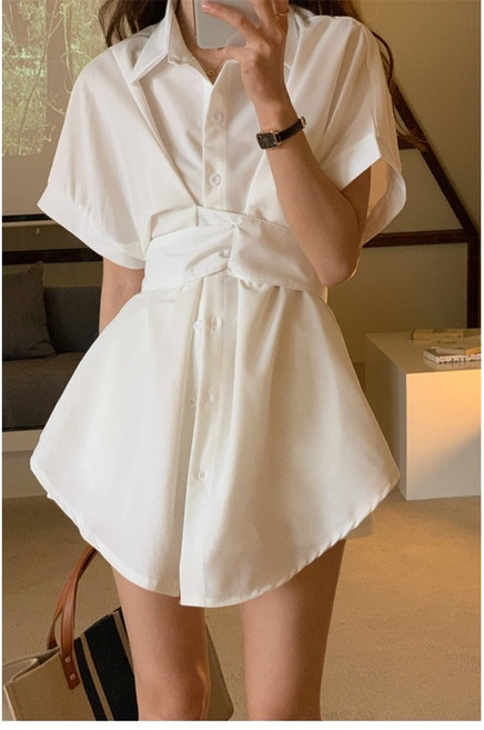 襯衫連衣裙 日系韓版收腰顯瘦短袖洋裝, 白色