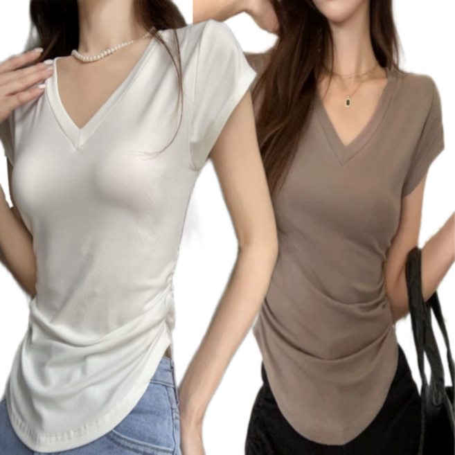 2장세트 밑단 라운드 브이넥 크롭 반팔 티셔츠 슬림핏 밑단굴림