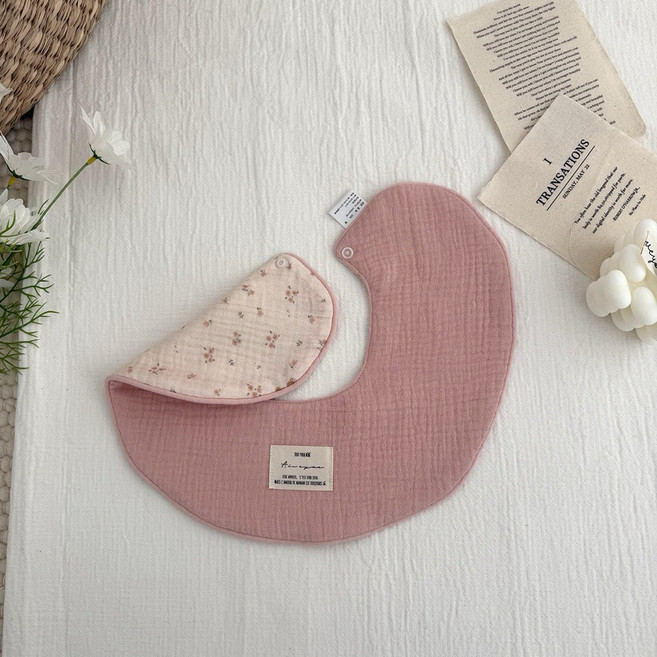 純棉六層紗 宝宝圍兜 口水巾 雙面圍兜 I96013, 脂粉/碎花熊熊, 1個