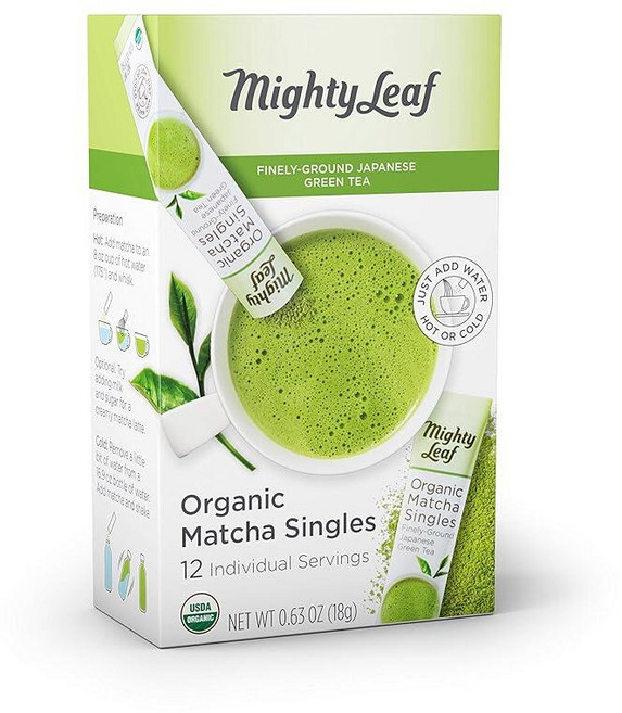 Mighty Leaf 차 유기농 말차 녹차 싱글 - 1인용 패킷 12개 1박스 100% 일본 말차 무가당, Mighty Leaf 차, 유기농 말차 녹차 파우더 -