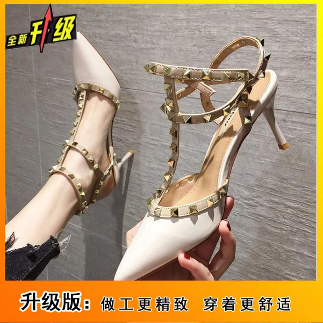 新款歐美性感尖頭細跟鉚釘高跟鞋女一字扣涼鞋女婚鞋中跟單鞋