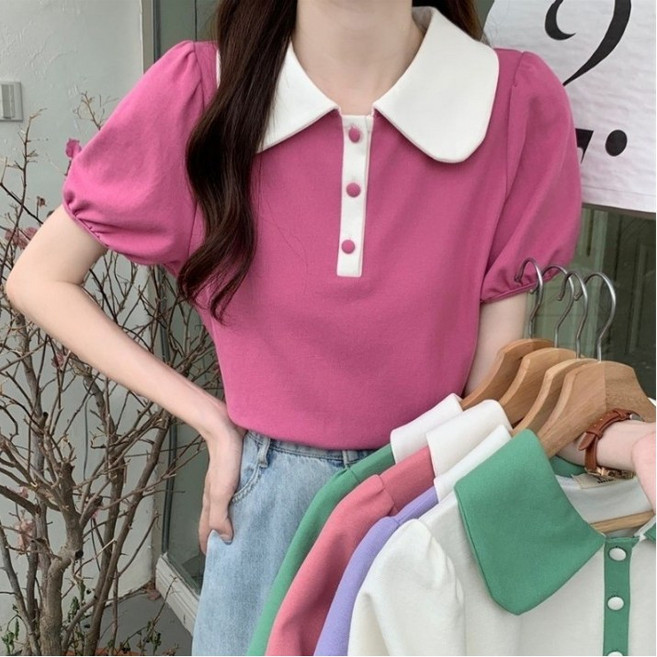 POMTOR 폼토르 여성 배색 폴로 여름 루즈핏 반팔 티셔츠 상의