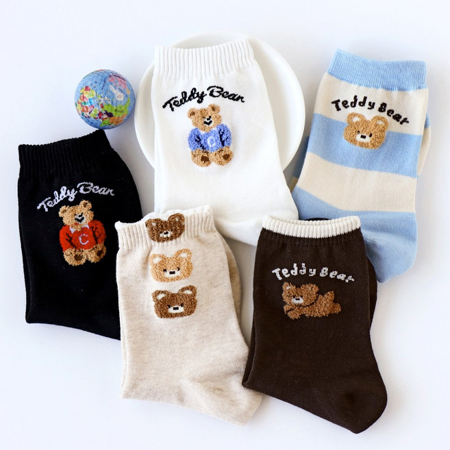 미모양 여성 귀여운 곰돌이 캐릭터 패션양말 5켤레 세트