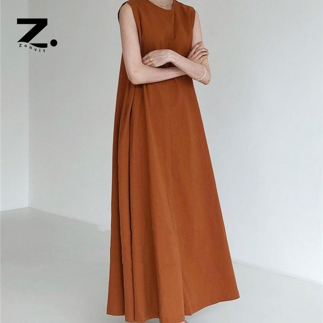 Zoovit 여성 커요사이즈 면마 원피스 캐주얼 주머니 롱 원피스