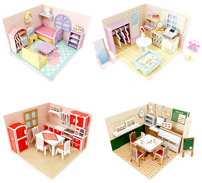 페이퍼 조립 미니어쳐 4종(마이룸 주방 옷가게 카페), 1세트, 호합색상, 50피스