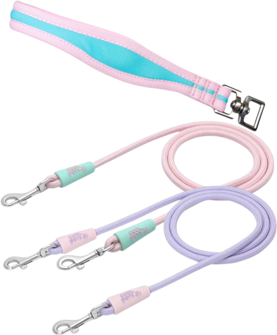 쿨펫츠 다같이가자 트윈리드줄 1.5m 다견산책줄, 납작손잡이 핑크+핑크*퍼플, 1세트