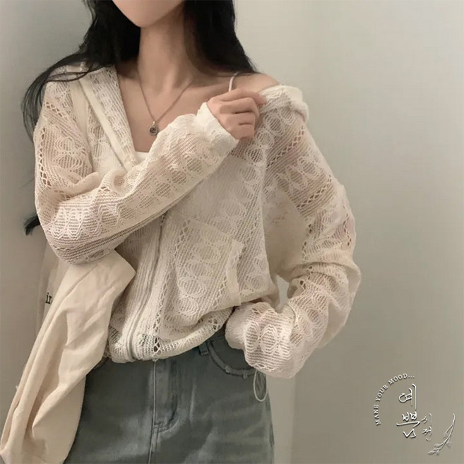 예쁨시전 키치 보헤미안 펀칭 시스루 레이스 니트 긴팔 후드 집업