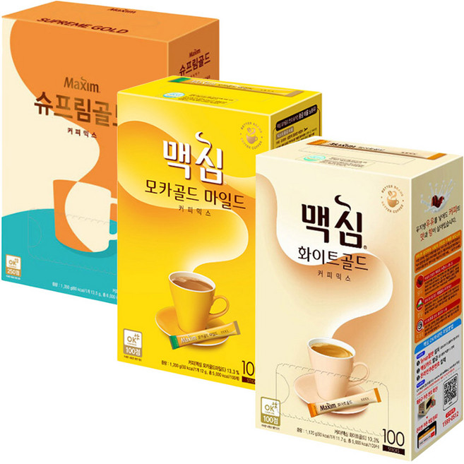 [동서식품] 맥심 믹스커피 모카골드100T+화이트골드100T+슈프림100T, 3박스, 100개입