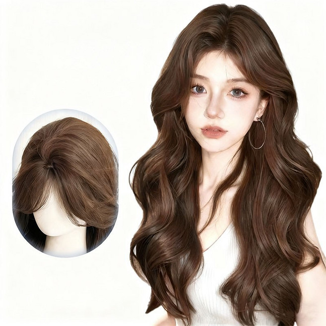 BIKASU 여성 패션 전체 가발 인모 파마 통 롱가발 60CM, 1개, 브라운블랙