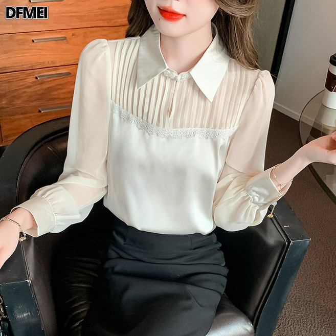 DFMEI 여름 쉬폰 블라우스 여 슬림핏 셔츠 넥 화이트 셔츠 양기 만발 슬림핏 상의