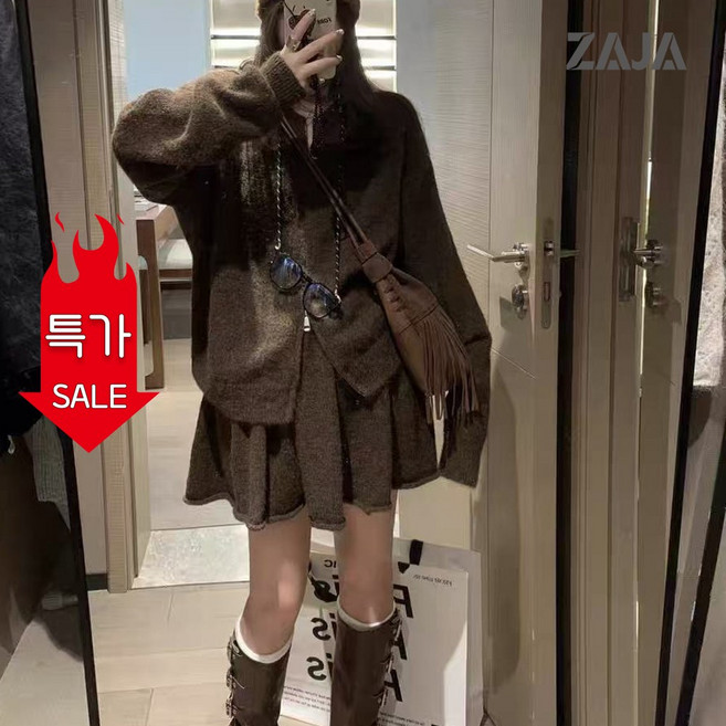 ZAJA 여성 니트 투피스 가을 겨울 캐주얼 집업 가디건 미니 스커트 세트