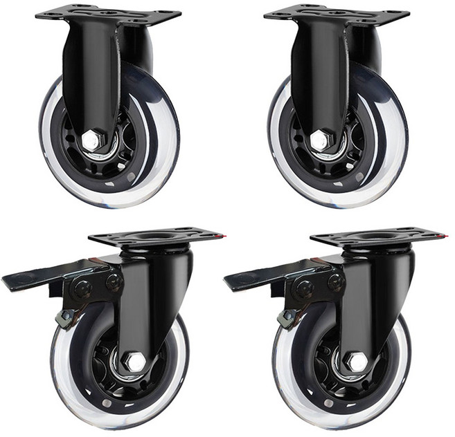 평판 회전 브레이크 무소음 우레탄 산업용 대차바퀴 4개구성, DPR4C, 1세트