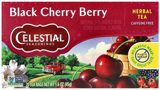 Celestial Seasonings 허브차 블랙 체리 베리 카페인 무함유 티백 20개 45g(1.6온스) - 쿠팡