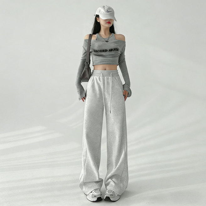 BiimTee 여성 하이웨이스트 와이드 트레이닝팬츠 드로스트링 루즈핏 캐주얼 바지