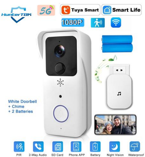현관 비디오 인터폰 초인종 카메라 스마트 도어벨 SOS 호출기 호출벨 비상벨 5G 2.4G WiFi 1080P Tuya 야외 무선 인터콤 방수 AC/DC 전원 벨소리, EU 플러그, EU 플러그, 1개