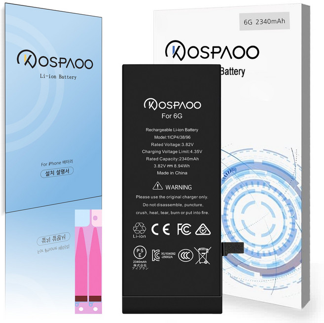 For iPhone 6 배터리 대용량2340mAh 증가 폭29.3% 616-0805배터리 한국어 설명서 KC인증 Li-ion Battery (No Tool), 1개, iPhone 6 대용량 배터리，분해 도구 없음