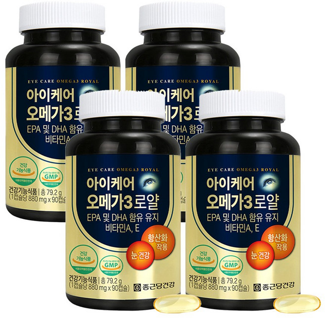 종근당건강 혈행개선 눈건강 항산화 3중복합기능 비타민E 아이케어 오메가3 로얄 실속형, 90정, 4개
