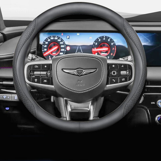 제네시스 전차종 호환 프리미엄 나파 가죽 카본 핸들커버, 원형 (G-01), 블랙 엠보