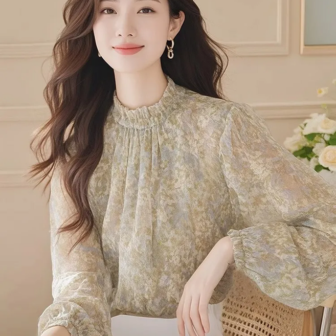 AOKADA 여성 봄 가을 긴팔 플리츠 잔플라워 쉬폰 블라우스