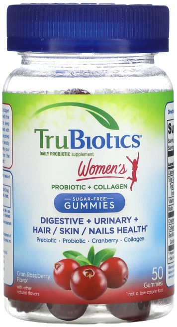 TruBiotics 여성용 프로바이오틱 + 콜라겐 소화기 비뇨기 모발/피부/손발톱 건강 크랜-라즈베리 맛 구미젤리 50개, TruBiotics 여성용 프로바이..., 1개, 50정 - 쿠팡