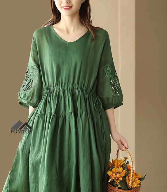 POMTOR 여성 소매 펀칭 자수 휴양지 이중 면마 롱 원피스