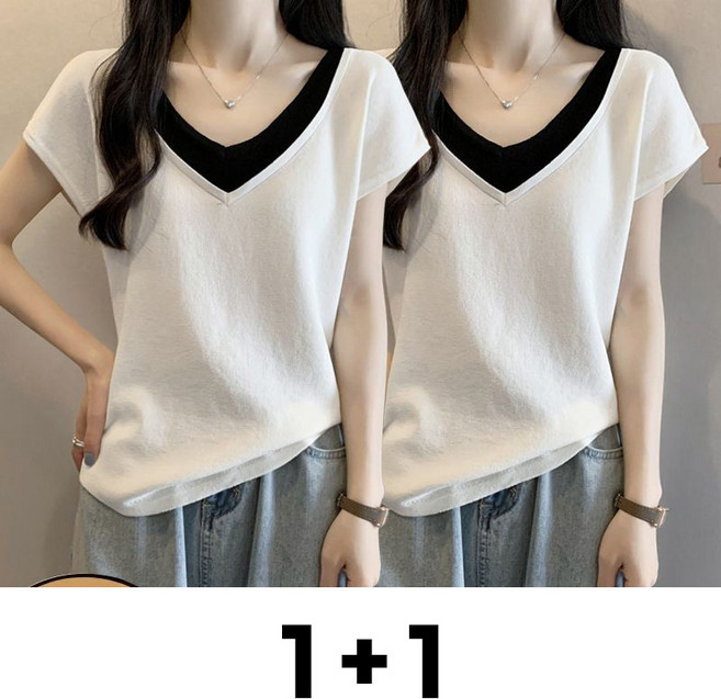 메인워크 1+1 여성 빅사이즈 브이넥 반팔 티셔츠 여름용 스판 가짜 투피스 데일리 심플 기질 패션 루즈핏 베이직 풀오버 아이스 상의 2매입