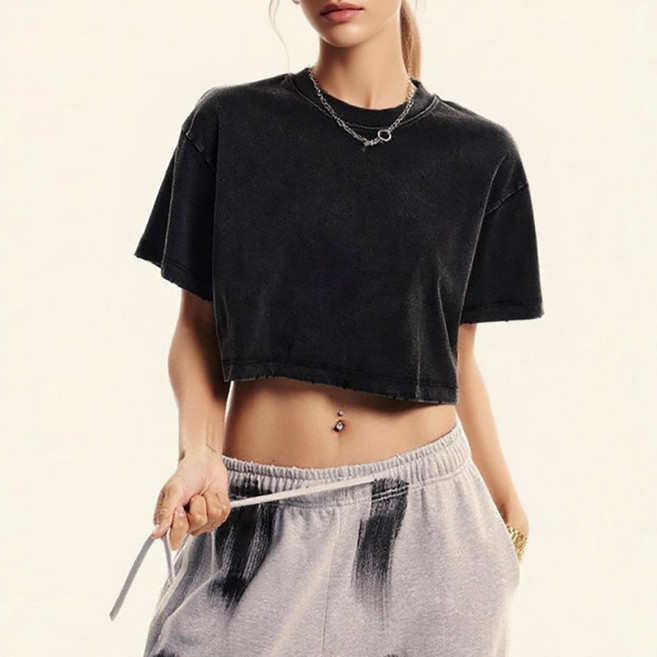 더벨러리 여성 피그먼트 워싱 반팔 크롭 티셔츠 BCT6083 숏 빈티지