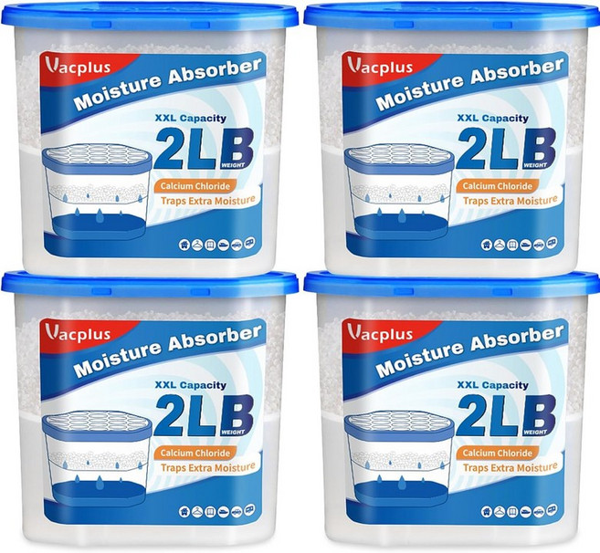 Vacplus 수분 흡수 버킷 u2013 옷장 지하실 욕실 RV 및 보관 공간용 대용량 제습기 습도 흡수기 무향 2파운드 4팩, Unscented, 2 lbs - 4 Packs