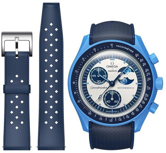 Stanchev 스와치 오메가 문스와치용 밴드 - 불소 고무 스트랩 20mm 퀵 릴리즈 방수 교체용 시계 밴드 네이비 (남성 및 여성용)