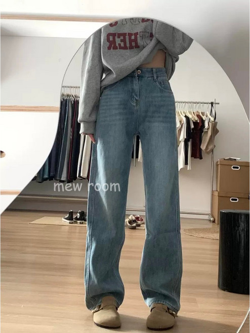 高腰直筒加厚刷毛牛仔褲 微寬版型 冬季保暖牛仔褲