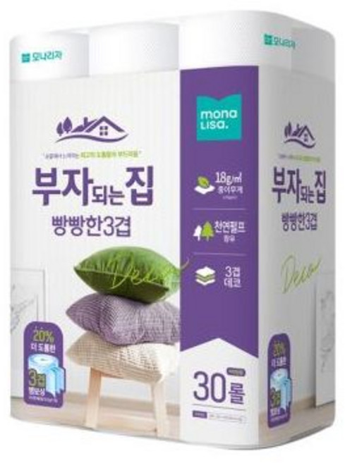 부자되는집 빵빵 3겹화장지 30m 30롤/휴지/화장지/롤휴지/롤화장지/두루마리/가정용티슈/롤티슈/집들이선물, 부자되는집 빵빵 3겹화장지 30m 30롤/휴지/화장지/