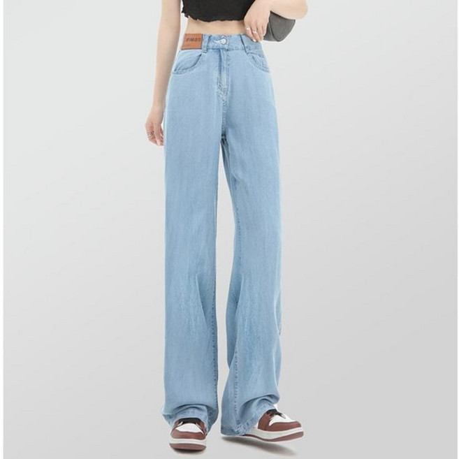 ANYOU 여성 봄여름 텐셀 데님 루즈핏 스트레트 캐주얼 하이웨이스트 드레이프 아이스 실크 와이드 팬츠