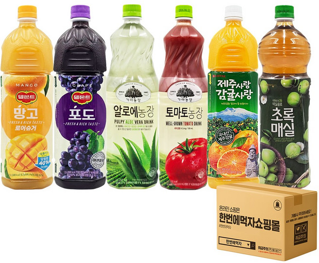 [한번에먹자] 대용량 과즙음료 6종 혼합세트 (델몬트 망고 + 포도 + 제주감귤 + 가야 알로에 + 토마토 + 웅친 초록매실) 가정용 업소용 당구장 식자재 과채혼합 과일음료, 1세트, 1.5L