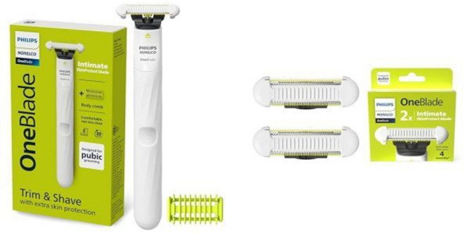 필립스 노렐코 원블레이드 인티메이트 면도기 및 스킨프로텍트 블레이드 2개 세트, White, OneBlade Intimate + 2pk Blade