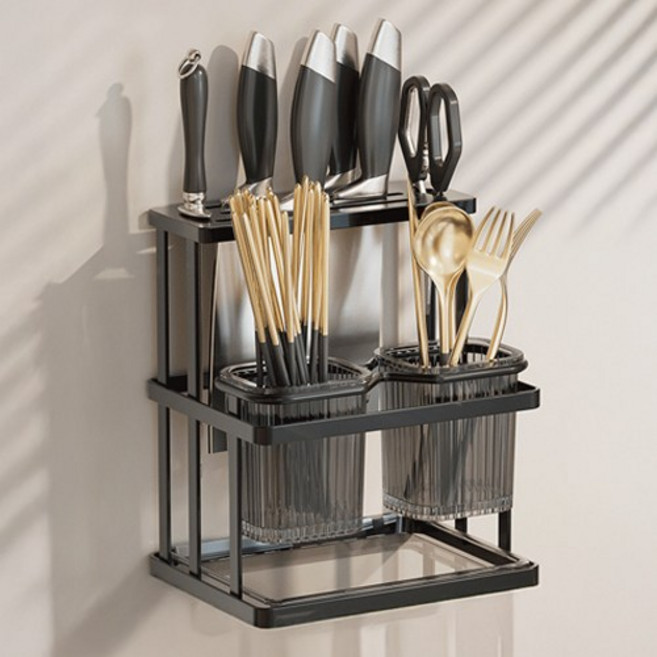 아리코 칼꽂이 일체형 물 빠짐 수저통, 블랙, 1개