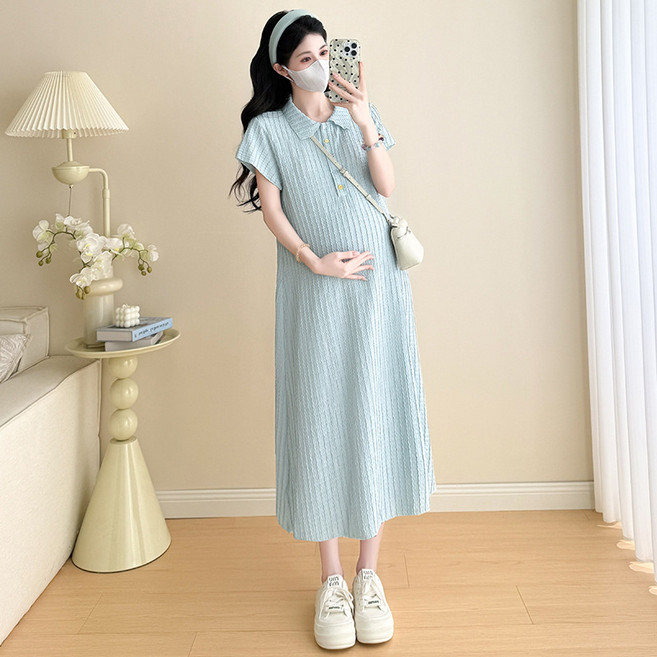 DIU 孕婦裙夏季清爽冰感短袖翻領孕婦連衣裙中長款顯瘦減齡孕婦polo裙