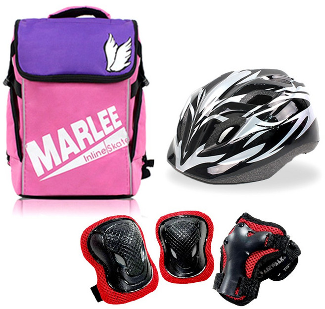 에어워크 마리 핑크 아동 인라인 스케이트 보호장비 세트 / 인라인 가방+헬멧+보호대, 헬멧_블랙/가방_핑크:보호대_레드_M, 1개