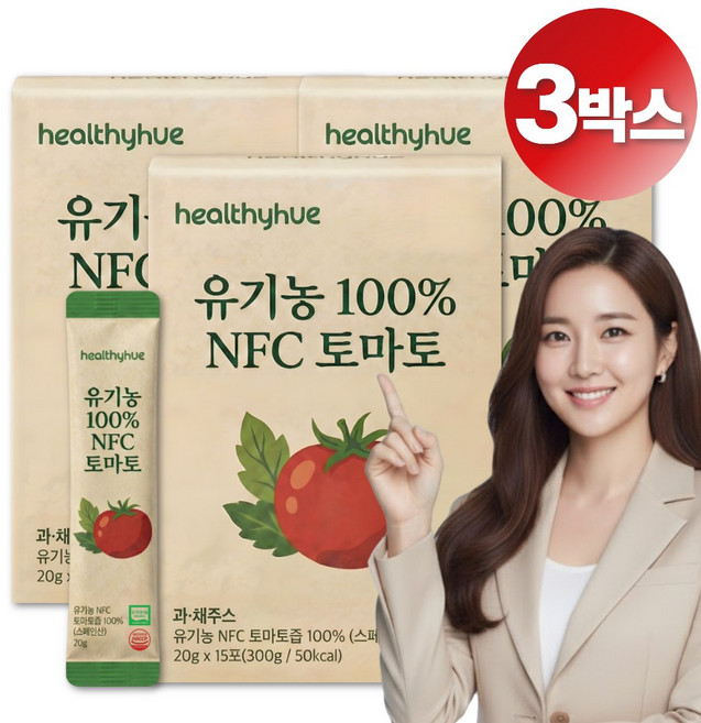 헬씨휴 유기농 NFC 토마토 100% 착즙 원액 스틱, 3개, 300g
