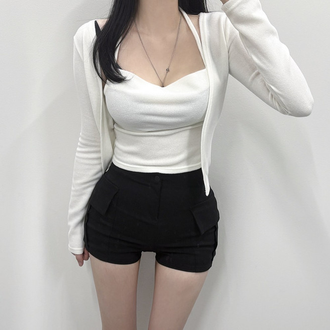 VANANA2 국내제작 몸매보정 보송한원단 겉기모 일체형 드레이프 나시 가디건 레이어드 홀터넥 티셔츠